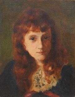 Early 20th century School, oil on board, Head and shoulders portrait of a young woman, unsigned, 28 x 22cm, ornate gilt framed. Condition - good